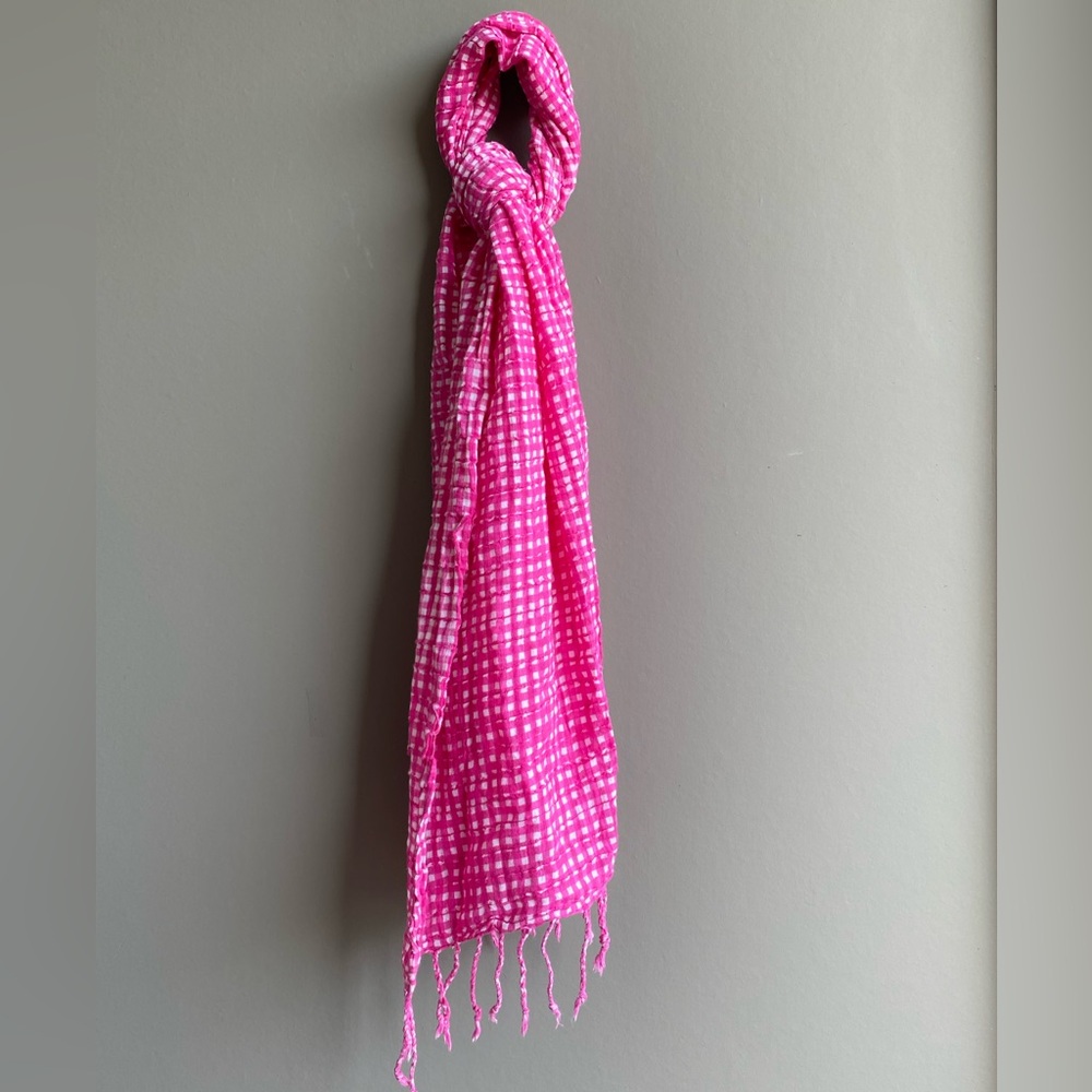 J. Crew Seersucker Gingham Pink Scarf with‎ Fringe